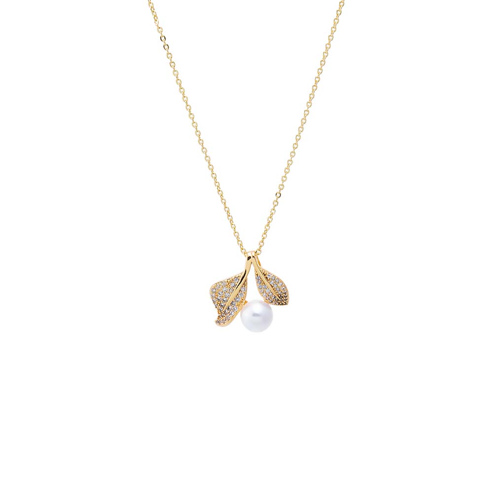 Gold Pearl & Pave Leaf Charm Necklace - Adina's Jewels