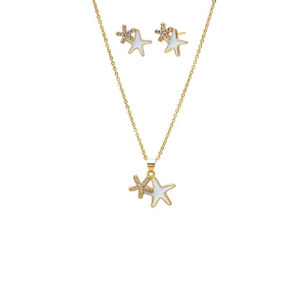 Mother of Pearl Enamel Double Starfish Earring & Necklace Combo Set - Adina's Jewels