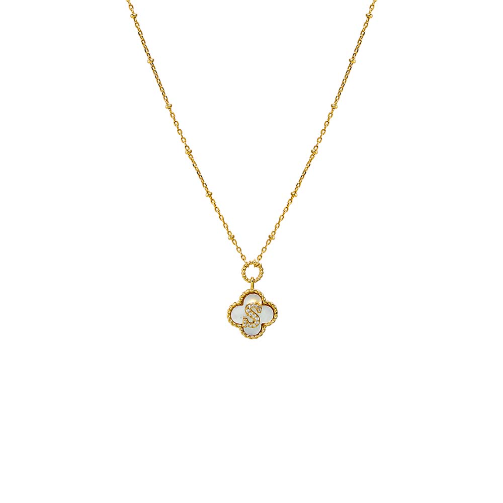 Gold / A Pave Initial Four Leaf Clover Stone Necklace - Adina's Jewels