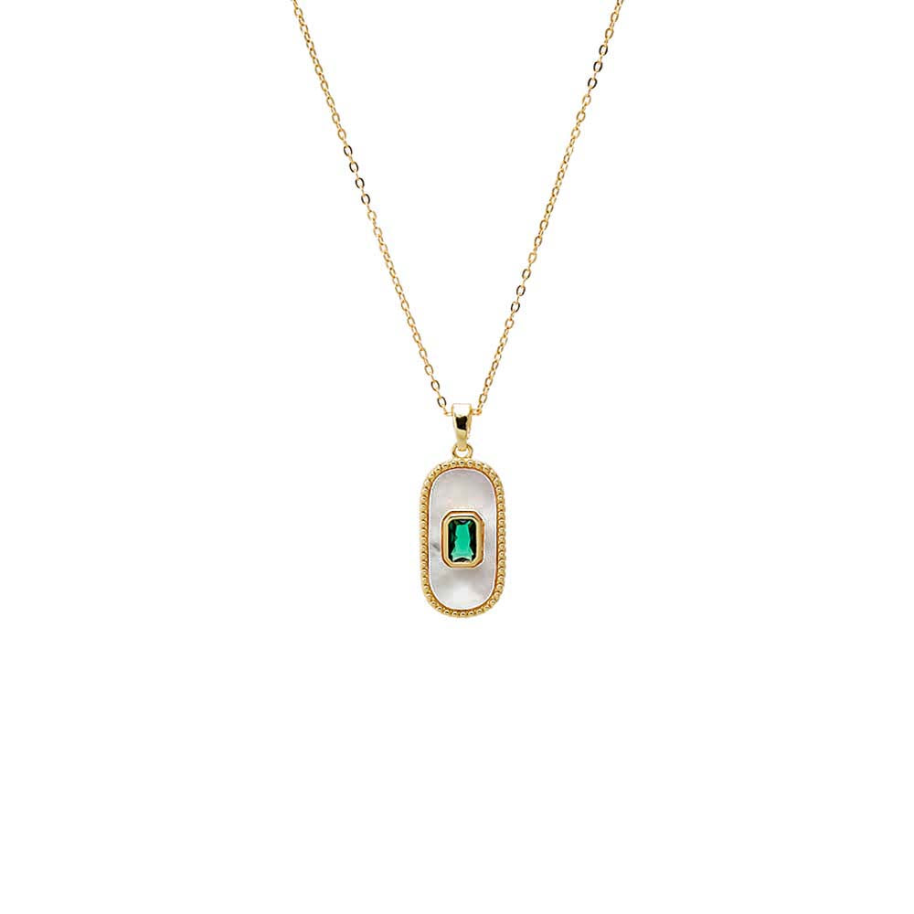 Mother of Pearl Green CZ & Mother Of Pearl Elongated Dog Tag Necklace - Adina's Jewels