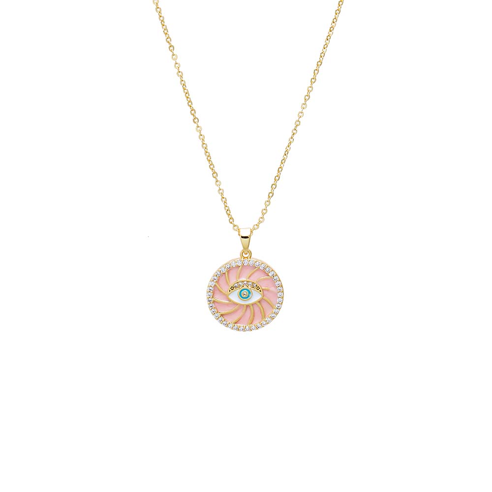 Colored Enamel Evil Eye Disc Pendant Necklace | Pink