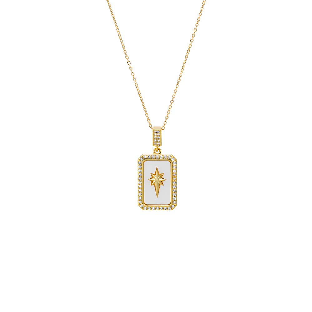 Mother of Pearl Pave Elongated Starburst Dog Tag Necklace - Adina's Jewels