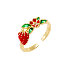 Red Colored Enamel Strawberry & Flower Adjustable Ring - Adina's Jewels