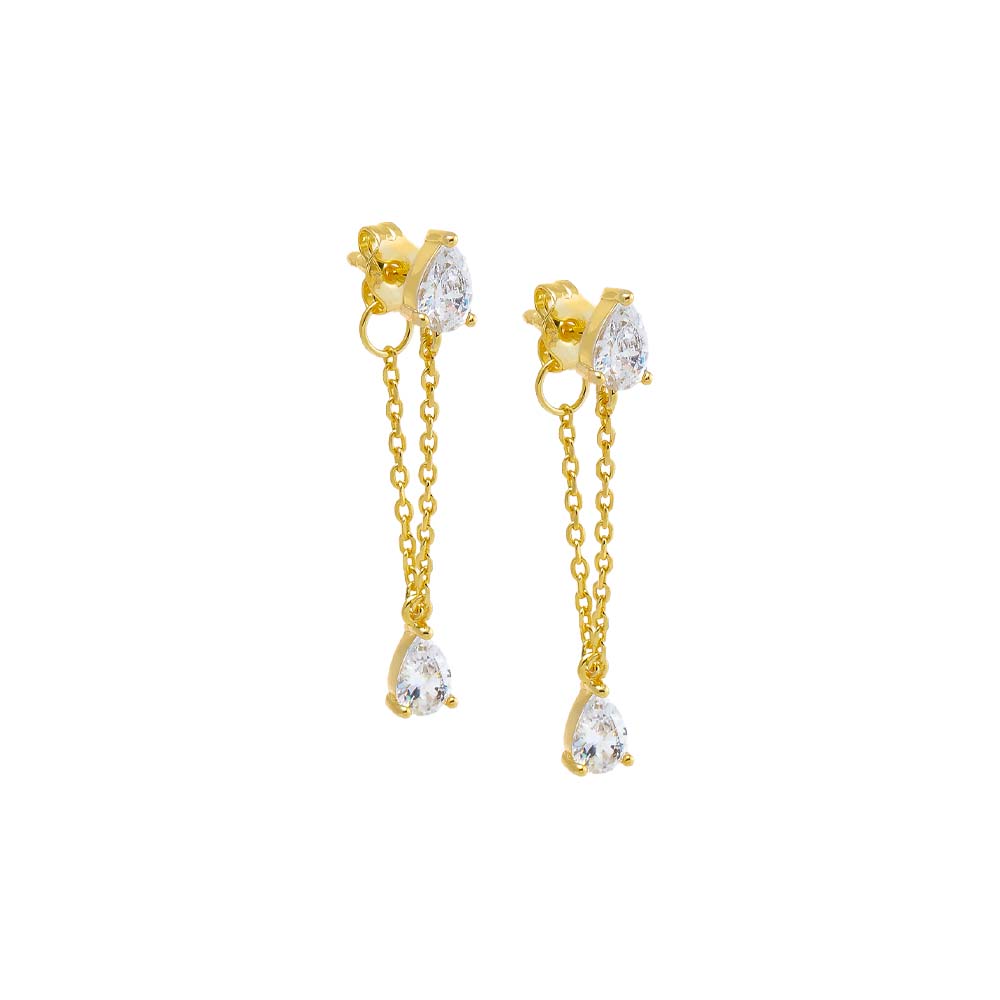 Gold Dangling Teardrop Chain Front Back Stud Earring - Adina's Jewels