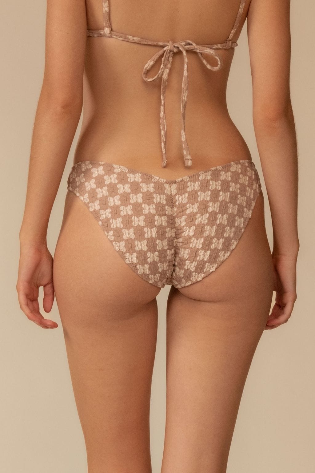 Beige lace bikini bottom with zig-zag stitch pattern and higher coverage cut, shown from back view.