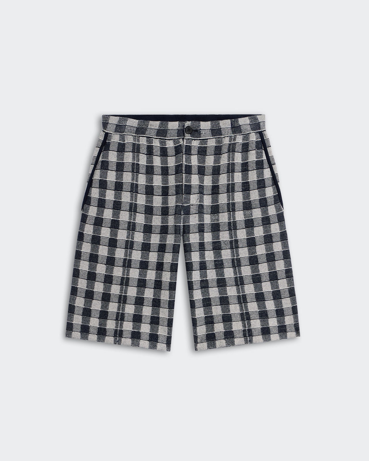 Gingham Bermuda Short - Midnight Combo in jacquard gingham with pintuck detail, button fly, and side pockets.