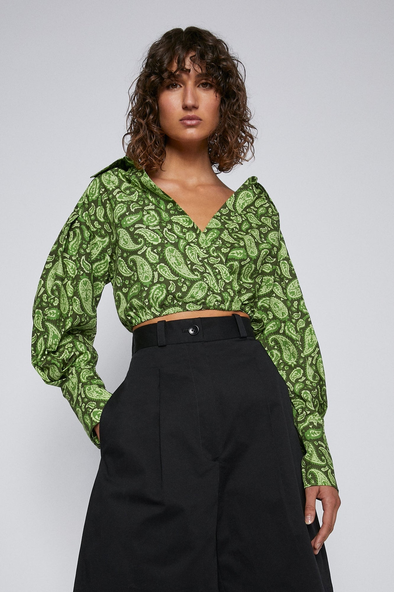 Cotton Paisley Crop Shirt Moss MOSS - Scanlan Theodore US