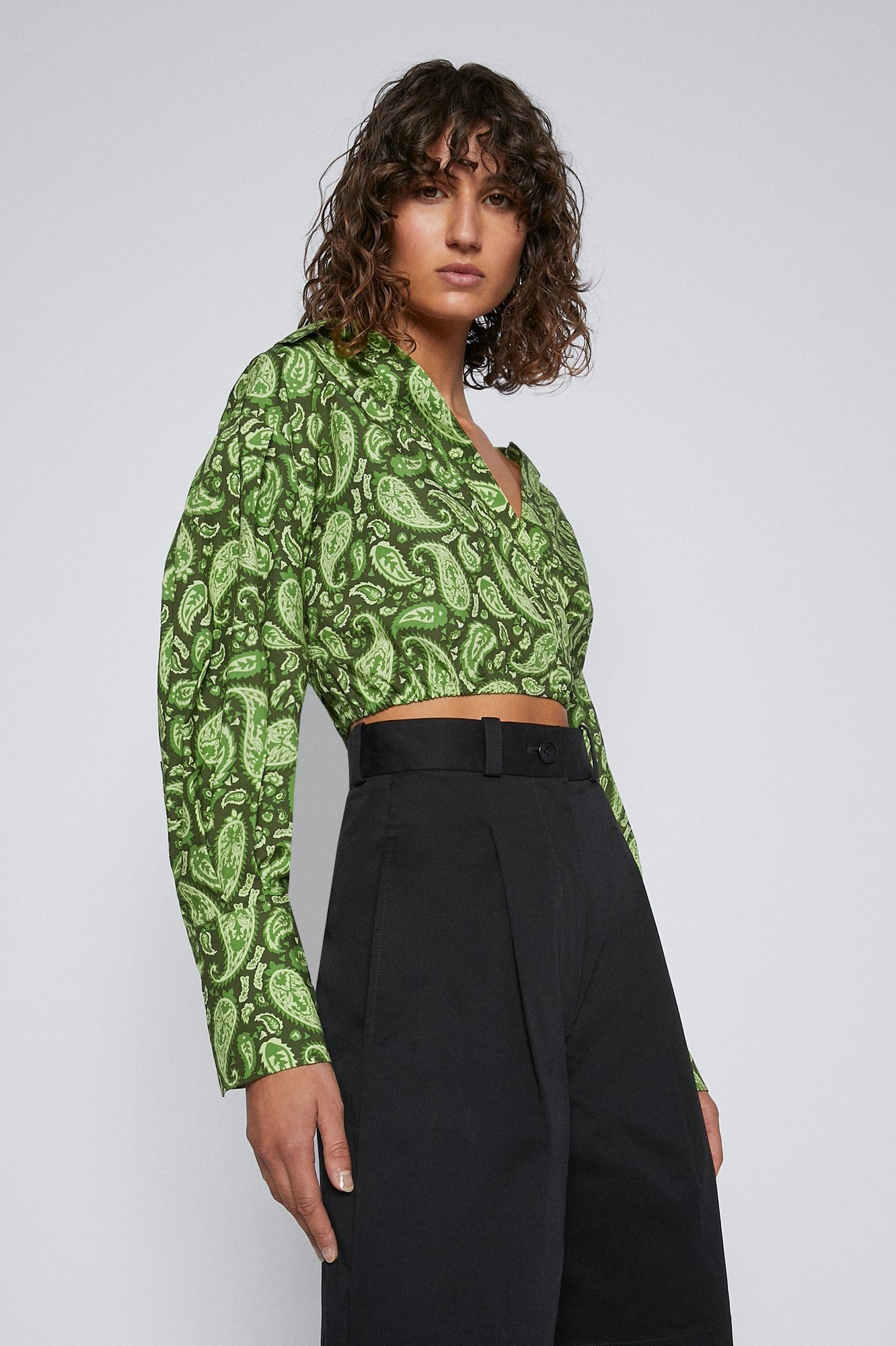 Cotton Paisley Crop Shirt Moss MOSS - Scanlan Theodore US