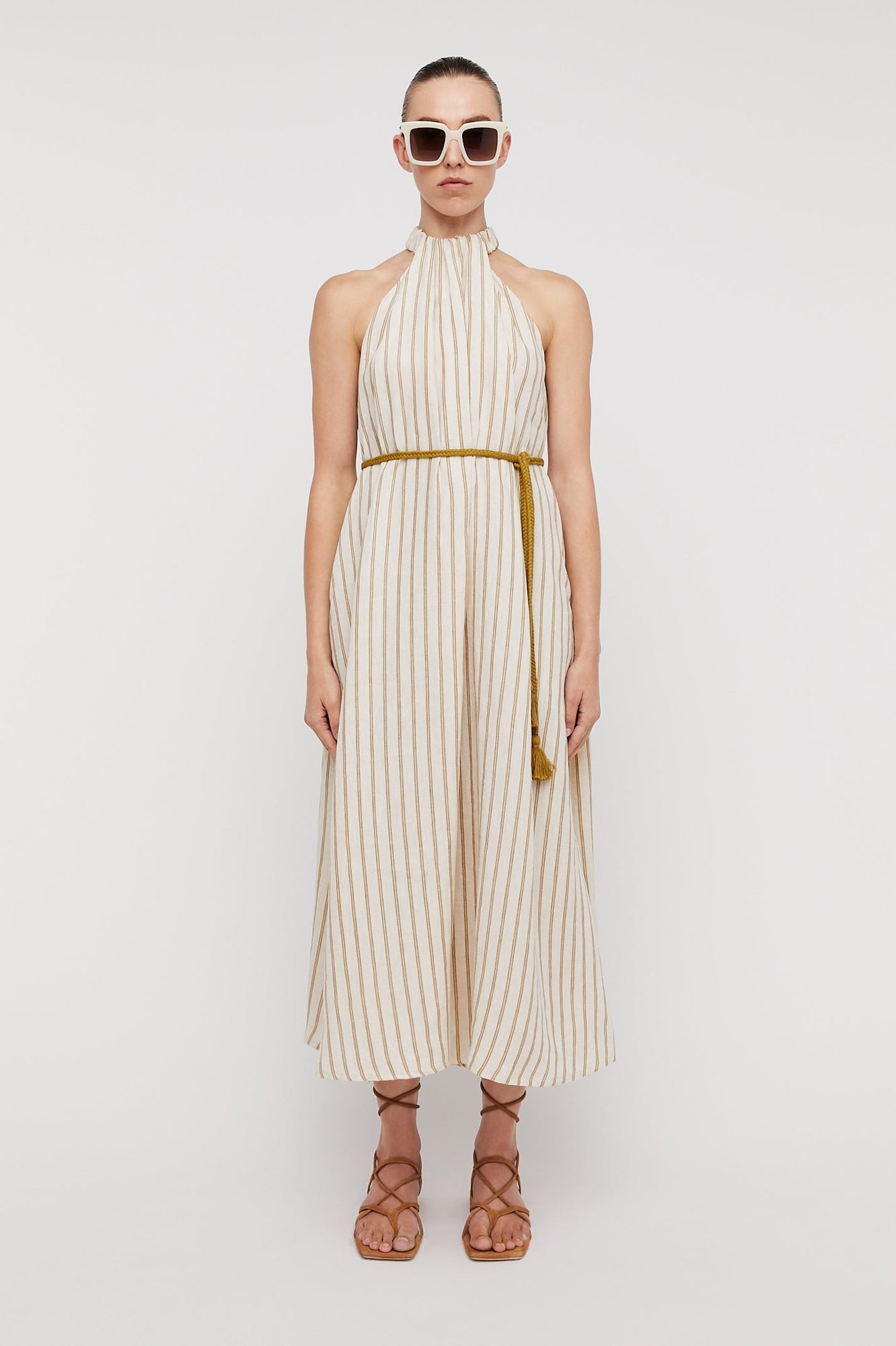 Italian Linen Stripe Dress Khaki KHAKI - Scanlan Theodore US