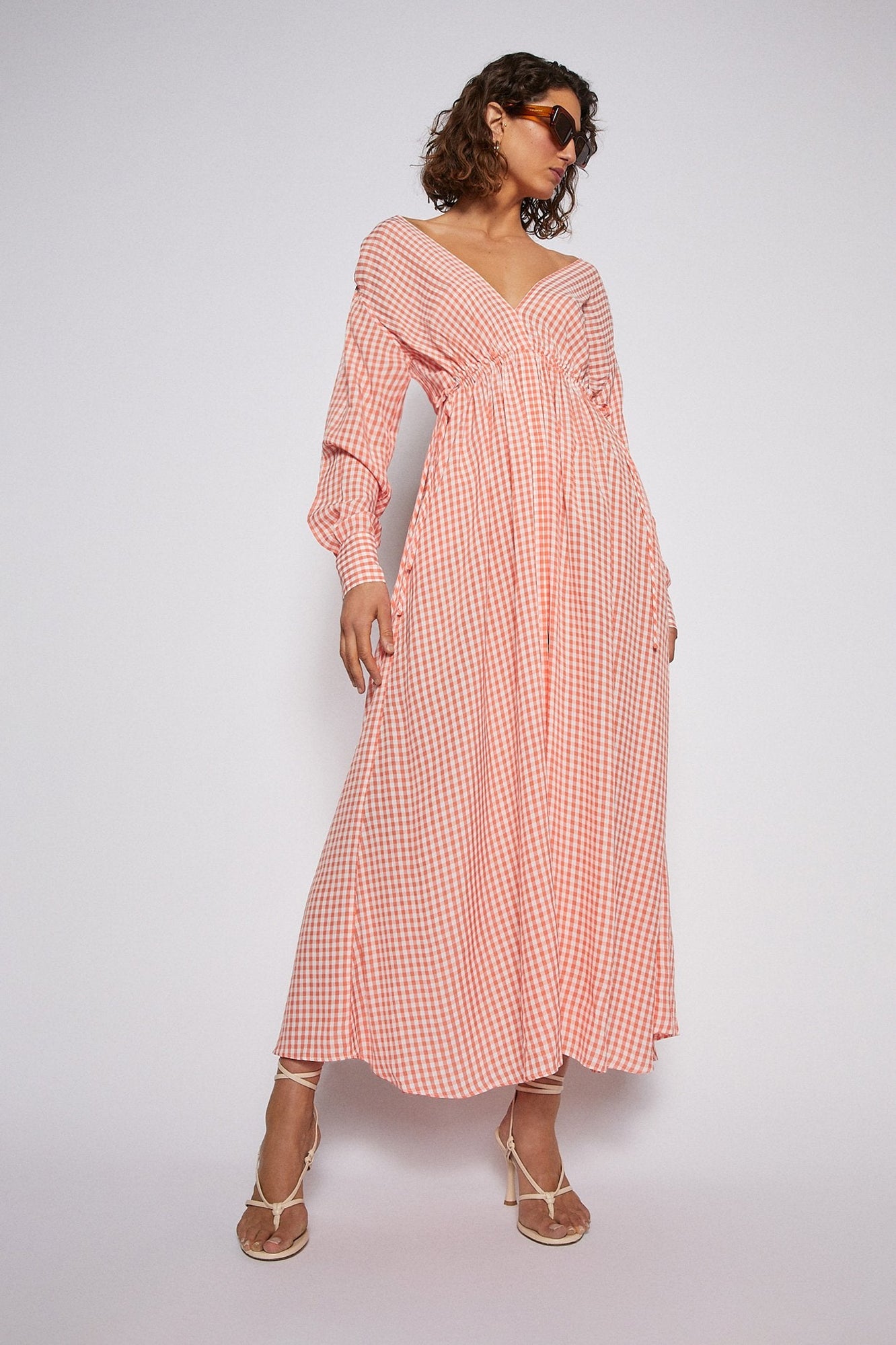 Gingham V Neck Dress Peach  - Scanlan Theodore US