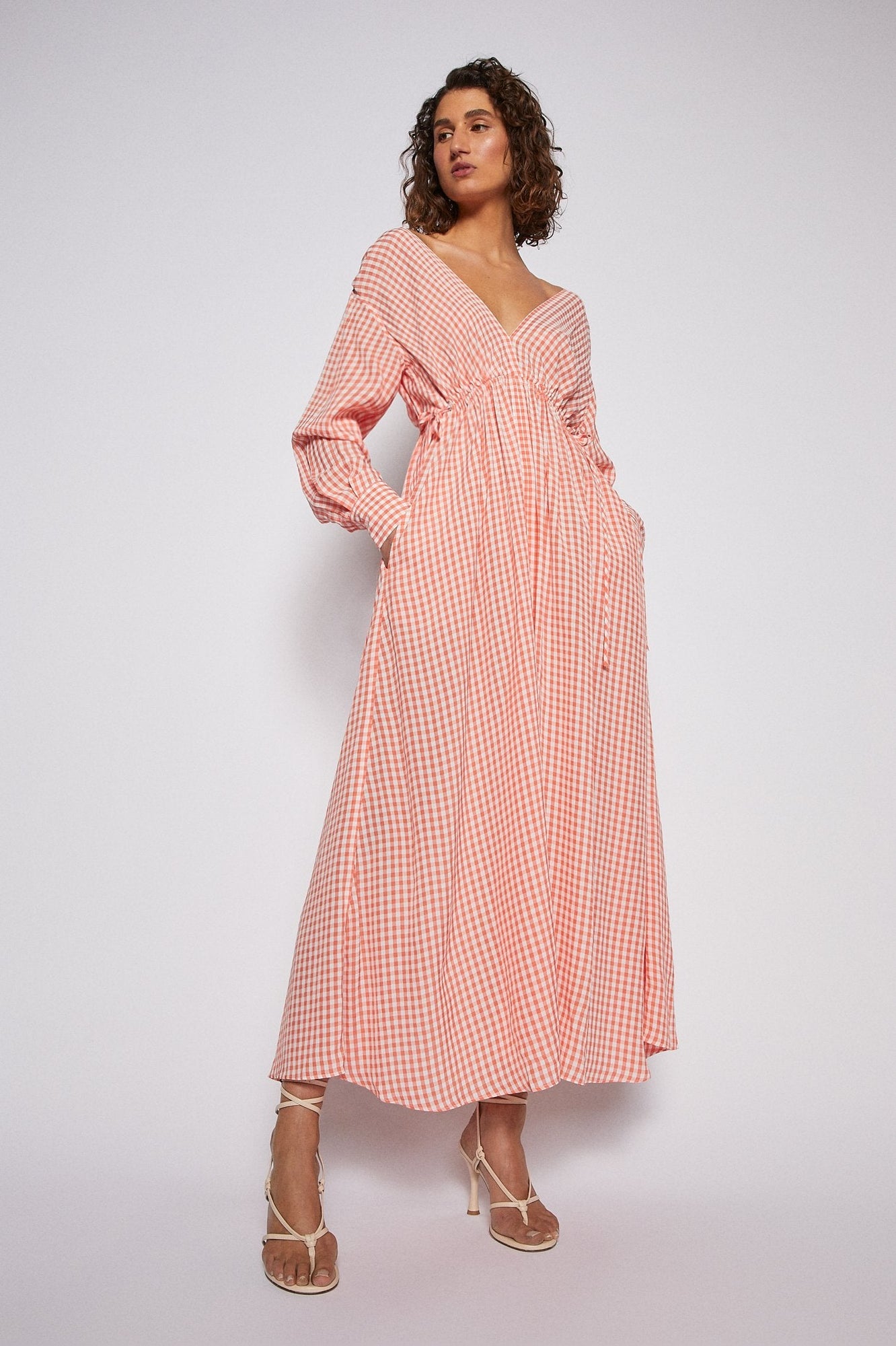 Gingham V Neck Dress Peach  - Scanlan Theodore US