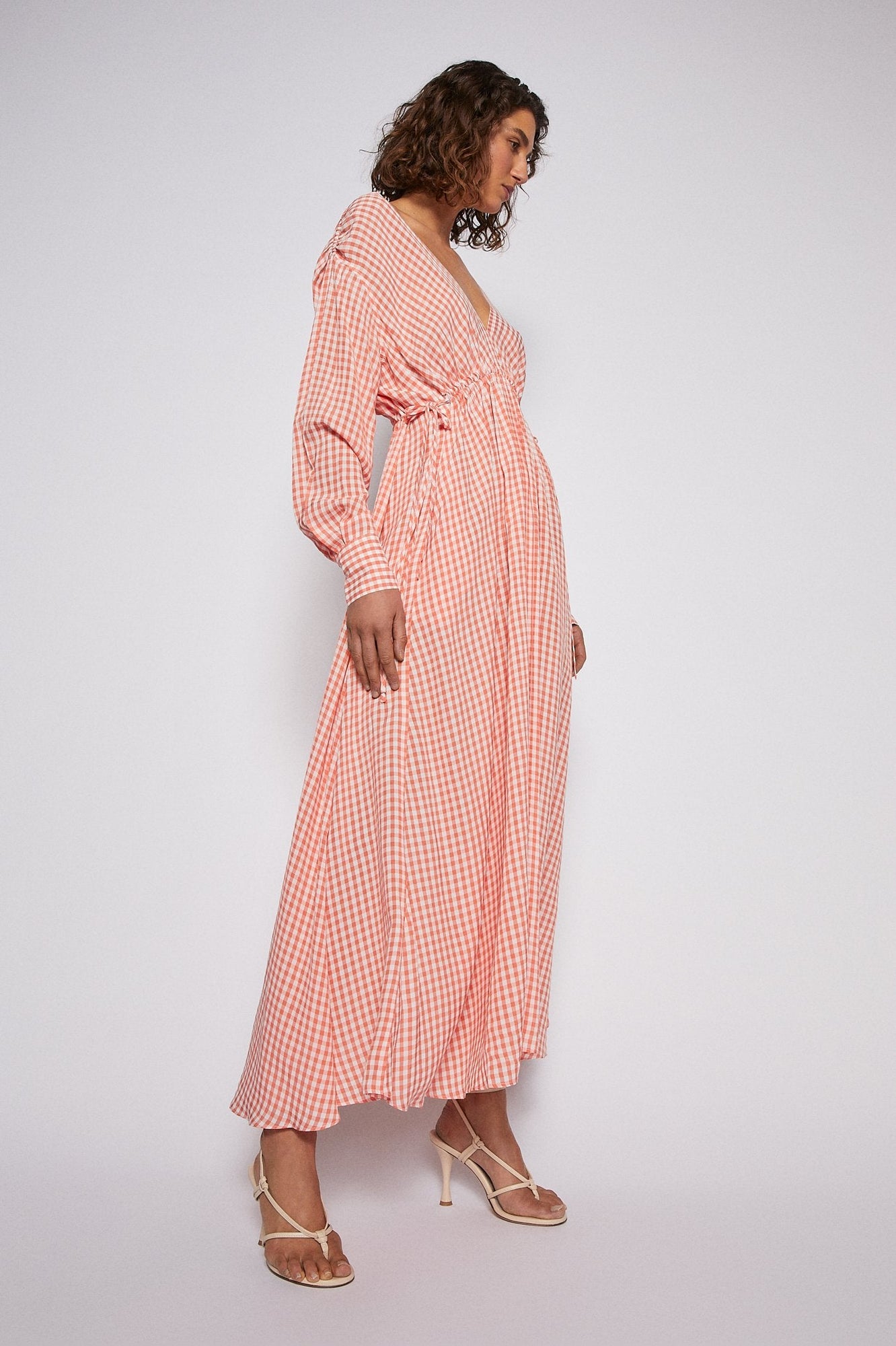 Gingham V Neck Dress Peach  - Scanlan Theodore US