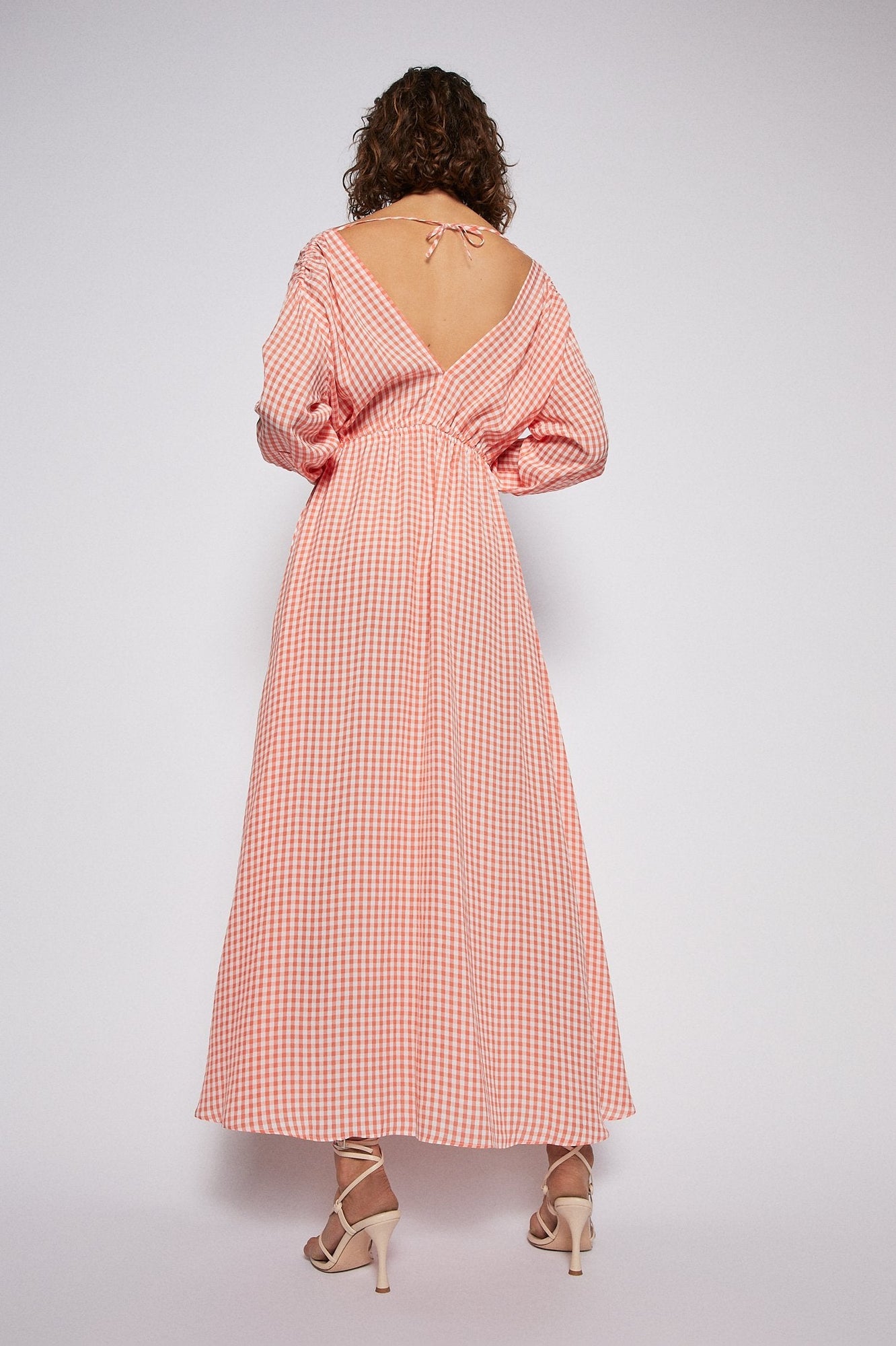 Gingham V Neck Dress Peach  - Scanlan Theodore US