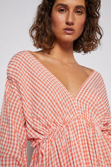 Gingham V Neck Dress Peach  - Scanlan Theodore US