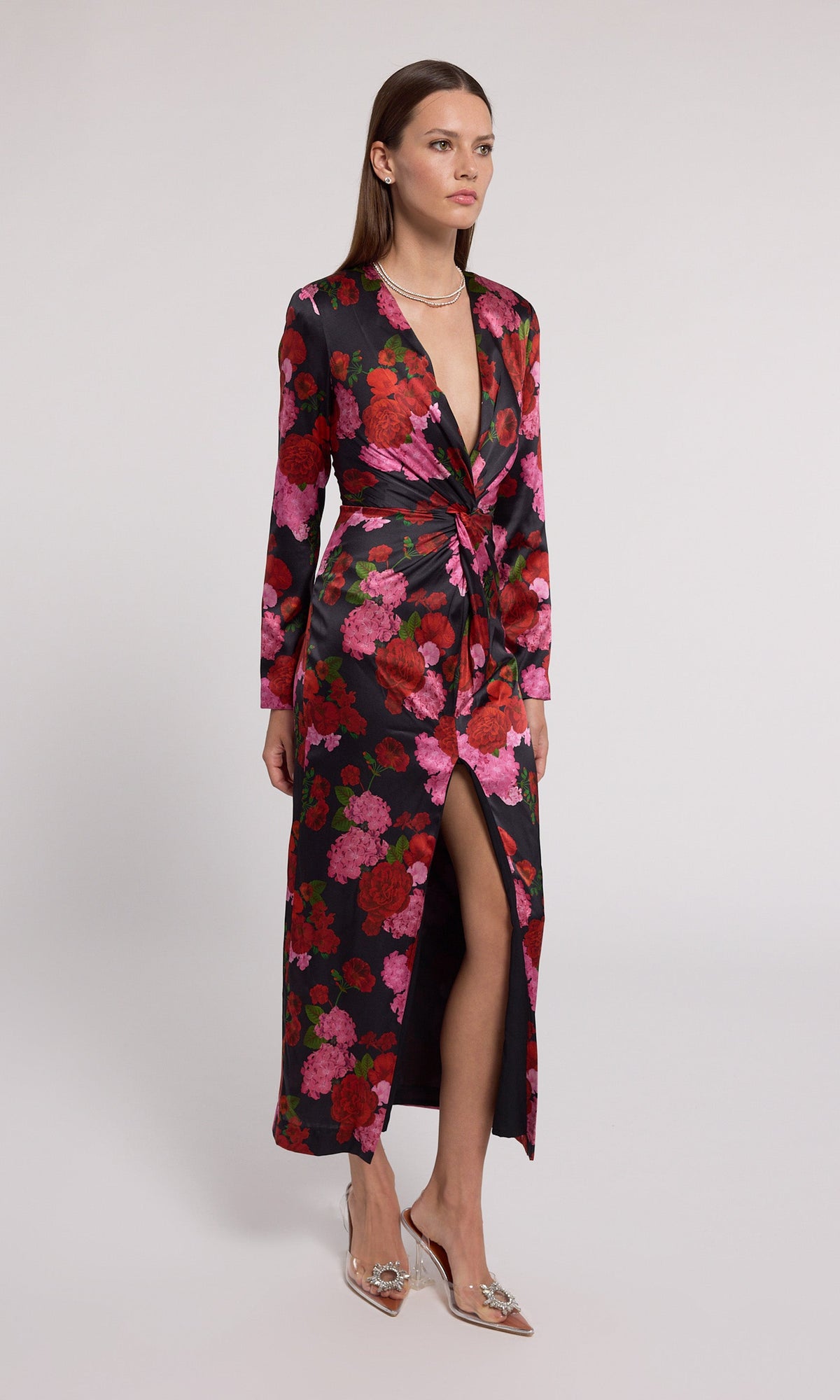 Silvanna Floral Satin Dress | Floral Fantasy Red