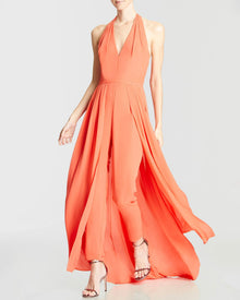 Halston | Halter Jumpsuit With Overlay | Coral