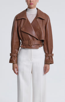 Model is Wearing Nour Hammour Hatti Cropped Leather Jacket Vintage Brown - Front Closed