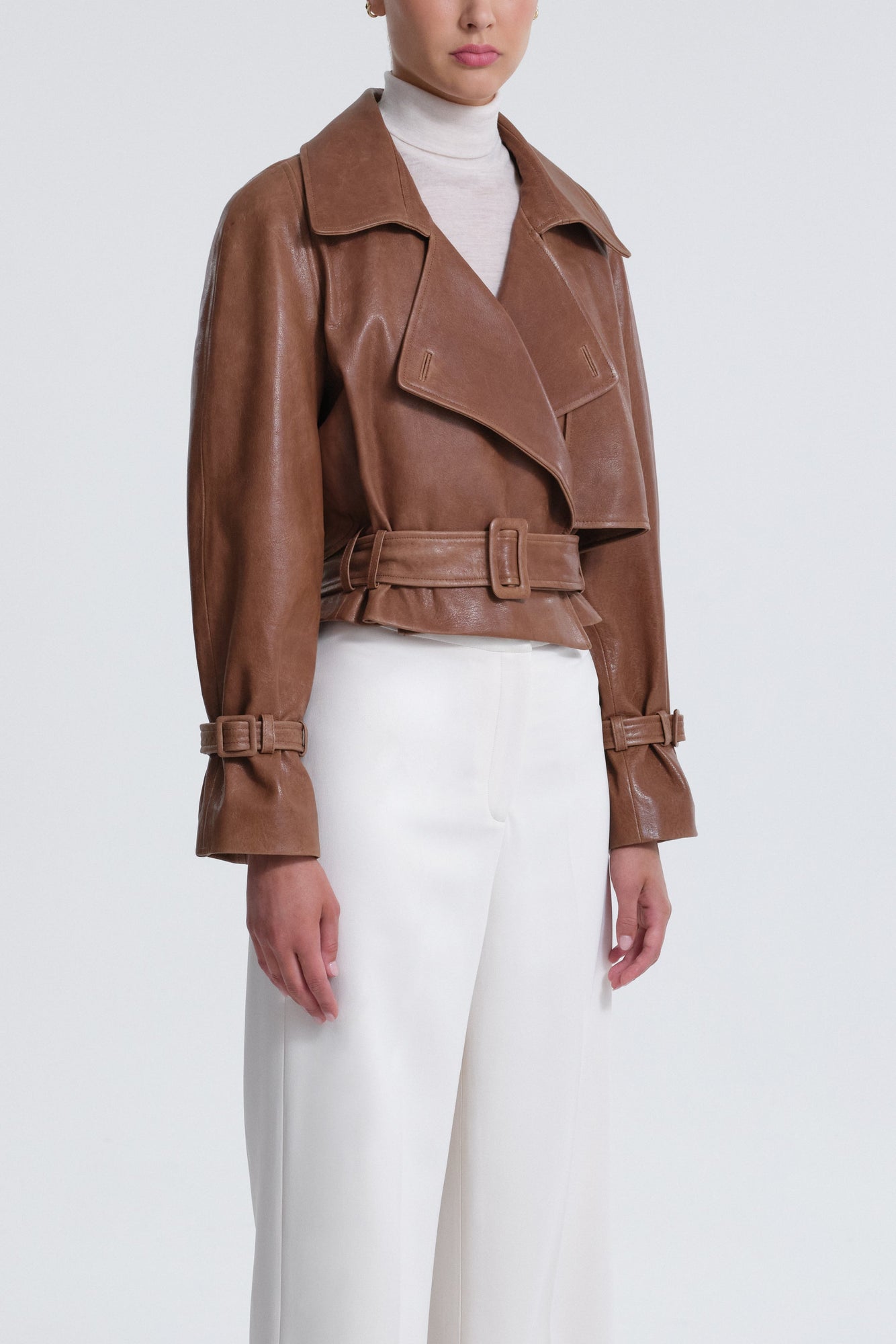 Model is Wearing Nour Hammour Hatti Cropped Leather Jacket Vintage Brown - Three Quarters Closed