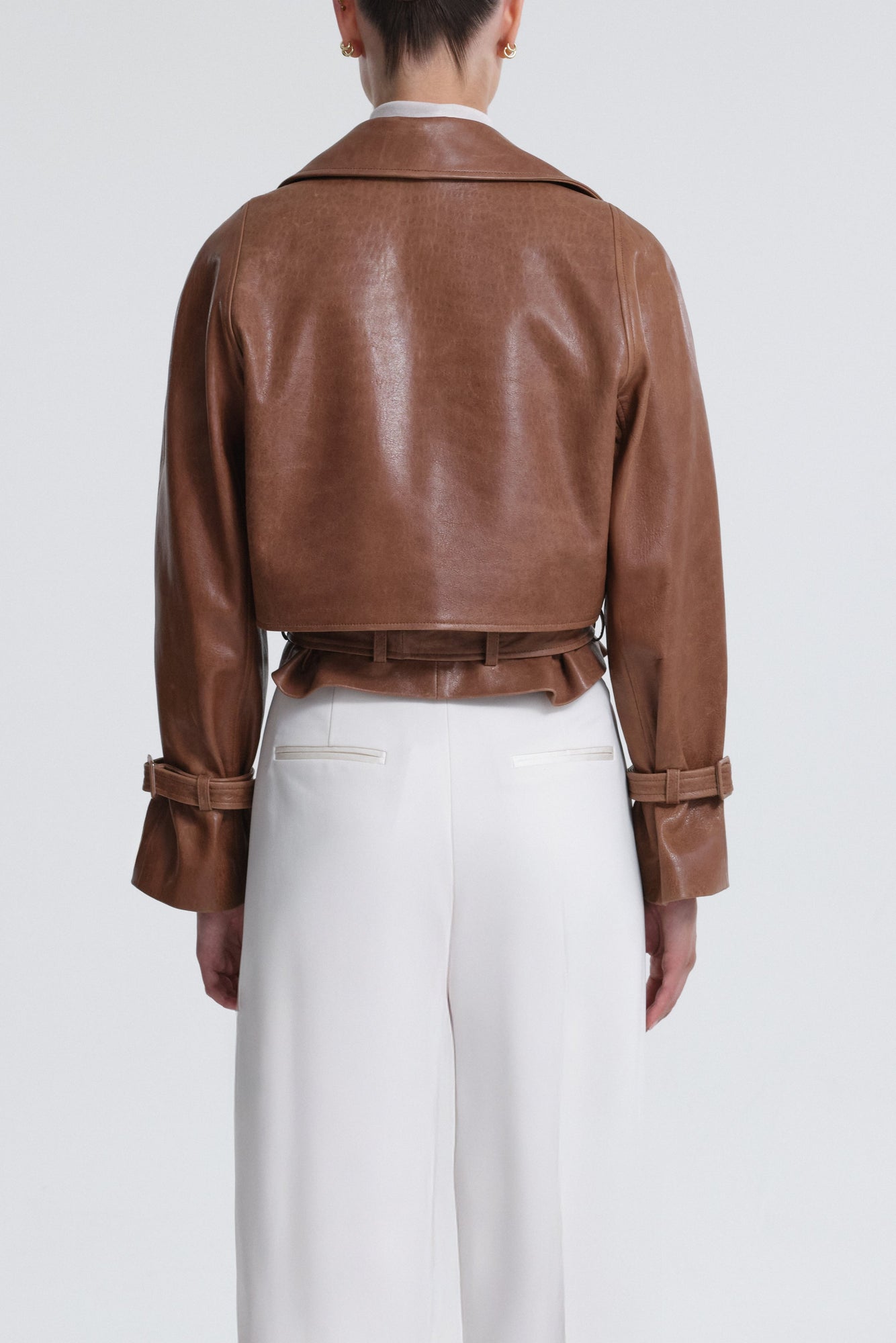 Model is Wearing Nour Hammour Hatti Cropped Leather Jacket Vintage Brown - Back