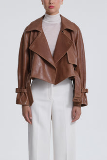 Model is Wearing Nour Hammour Hatti Cropped Leather Jacket Vintage Brown - Open