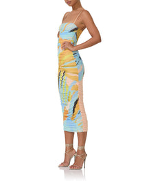 women's fitted mesh knit midi length dress with all over ruching and adjustable straps in bird of paradise print