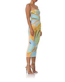 women's fitted mesh knit midi length dress with all over ruching and adjustable straps in bird of paradise print