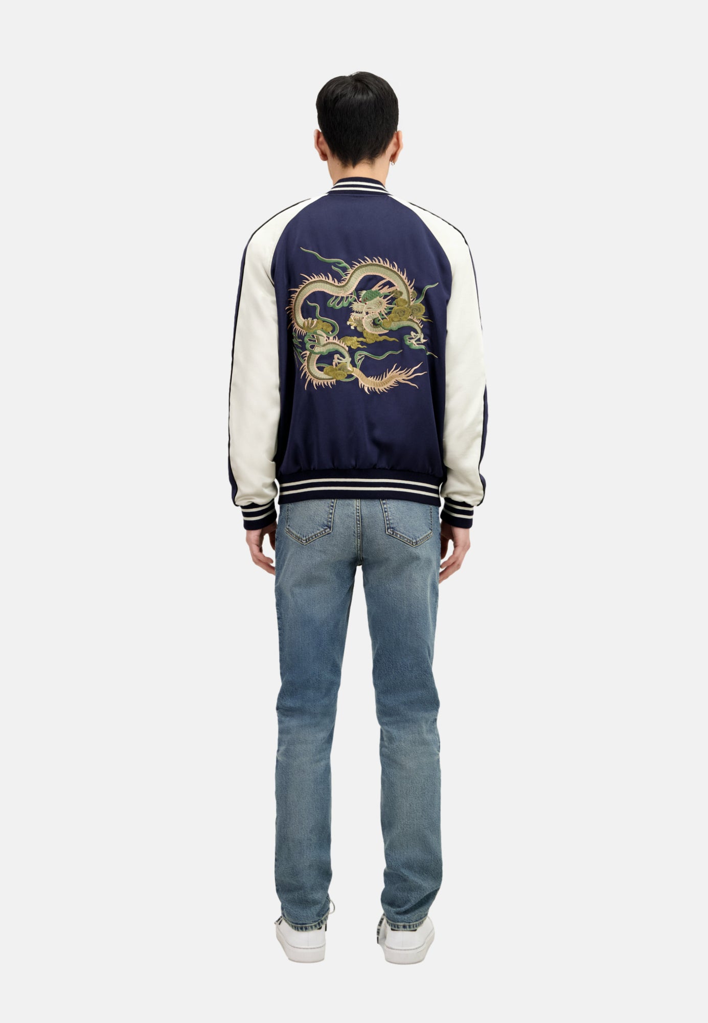 Satin Jacket With Dragon Embroidery | Men | Navy Blue