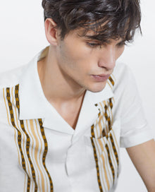 Patterned Cotton Shirt With Vertical Stripes | Men | White x Yellow