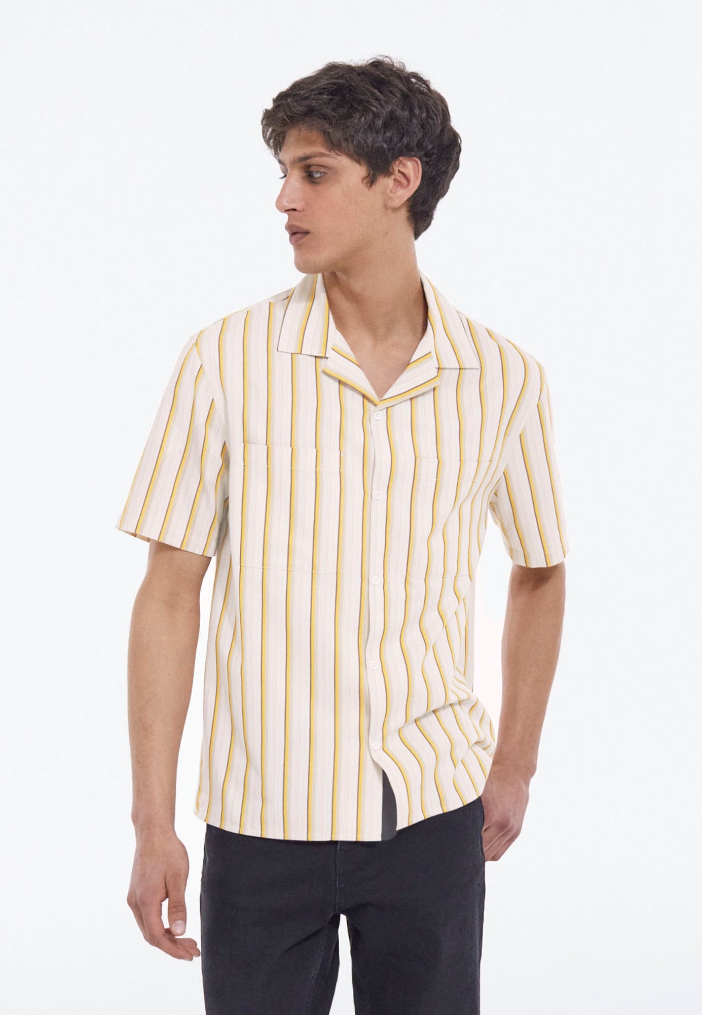 White & Yellow Striped Hawaiian-Collar Shirt | Men | Orange Ecru