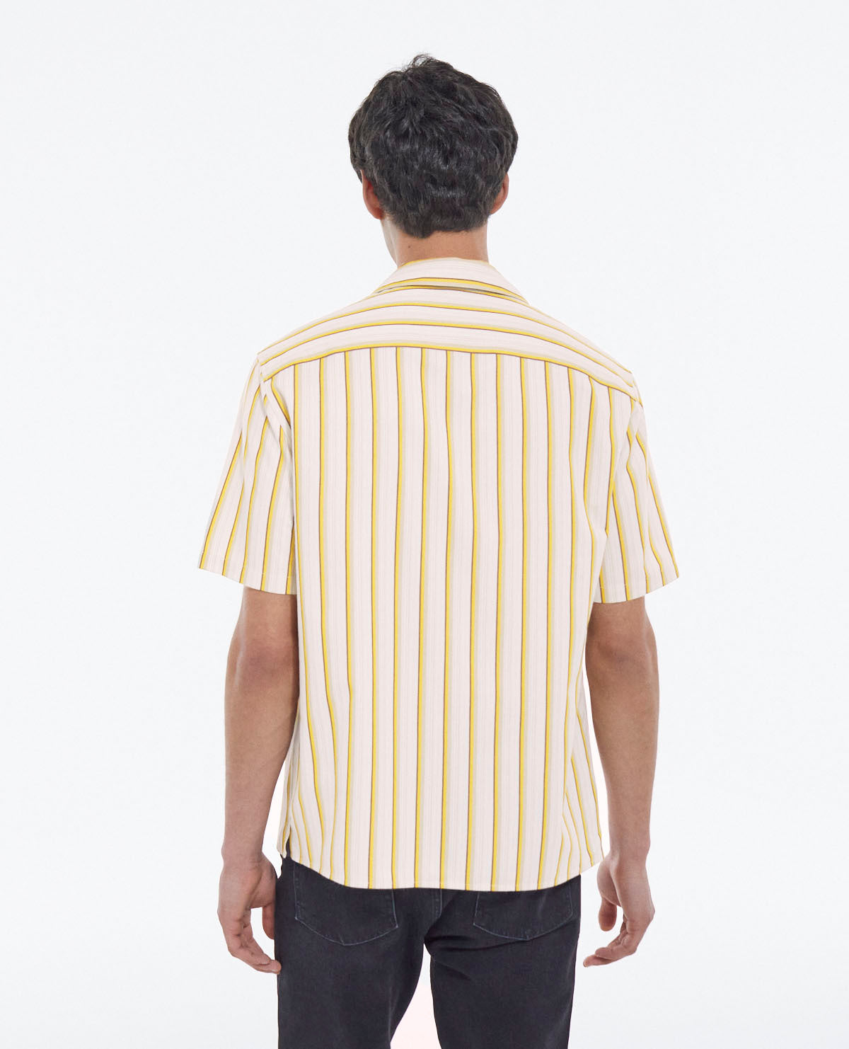 White & Yellow Striped Hawaiian-Collar Shirt | Men | Orange Ecru