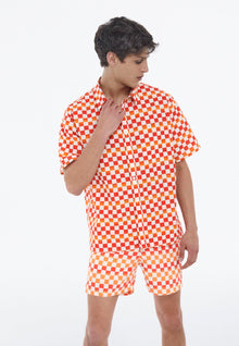 Cotton Shirt With Checkerboard Motif | Men | Orange Red