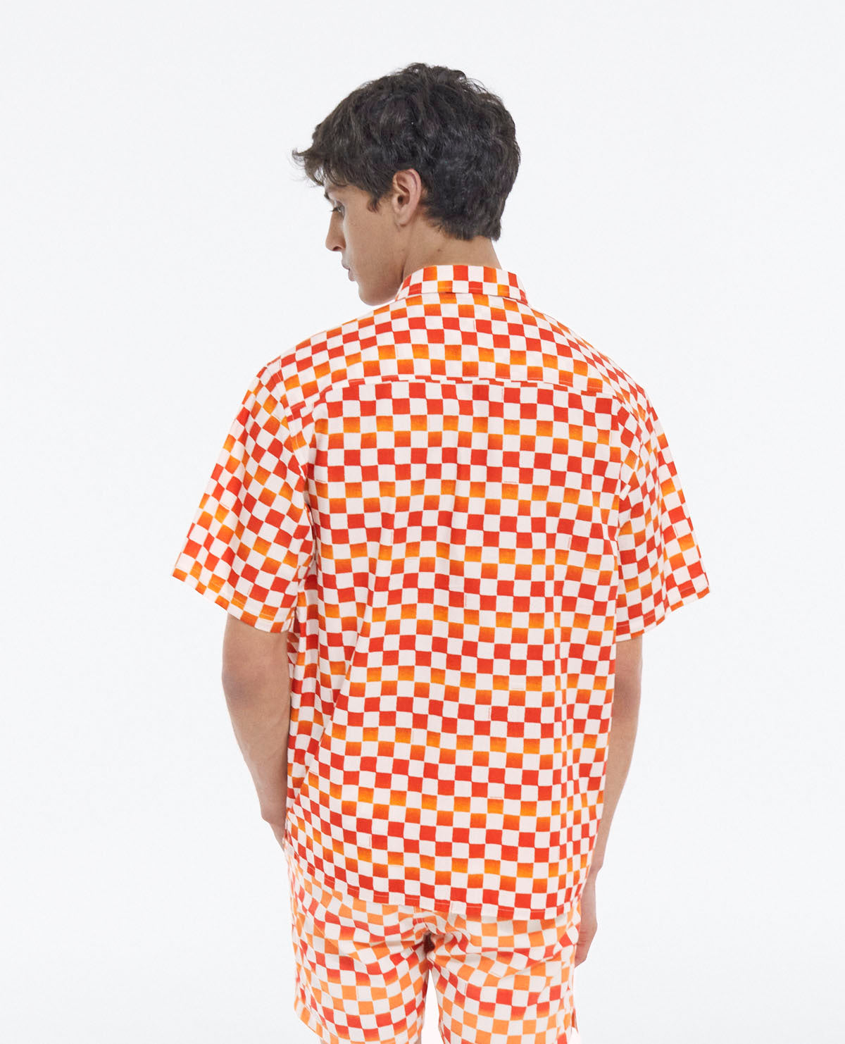 Cotton Shirt With Checkerboard Motif | Men | Orange Red