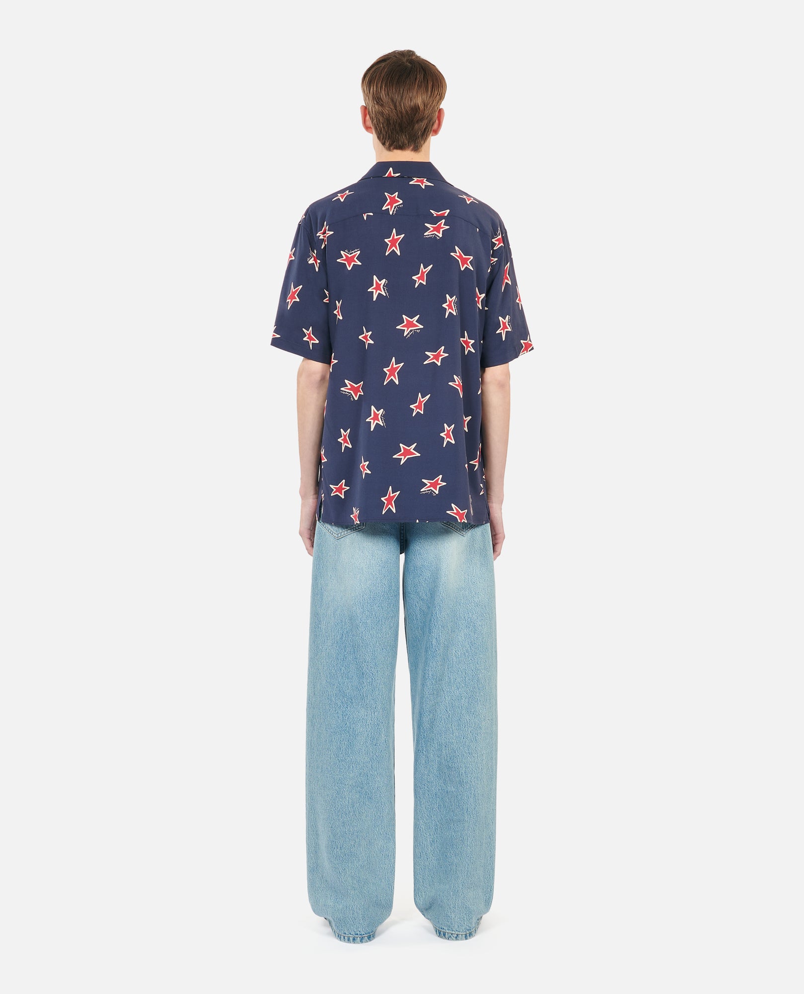 Short-Sleeved Star Printed Shirt | Men | Navy x Red