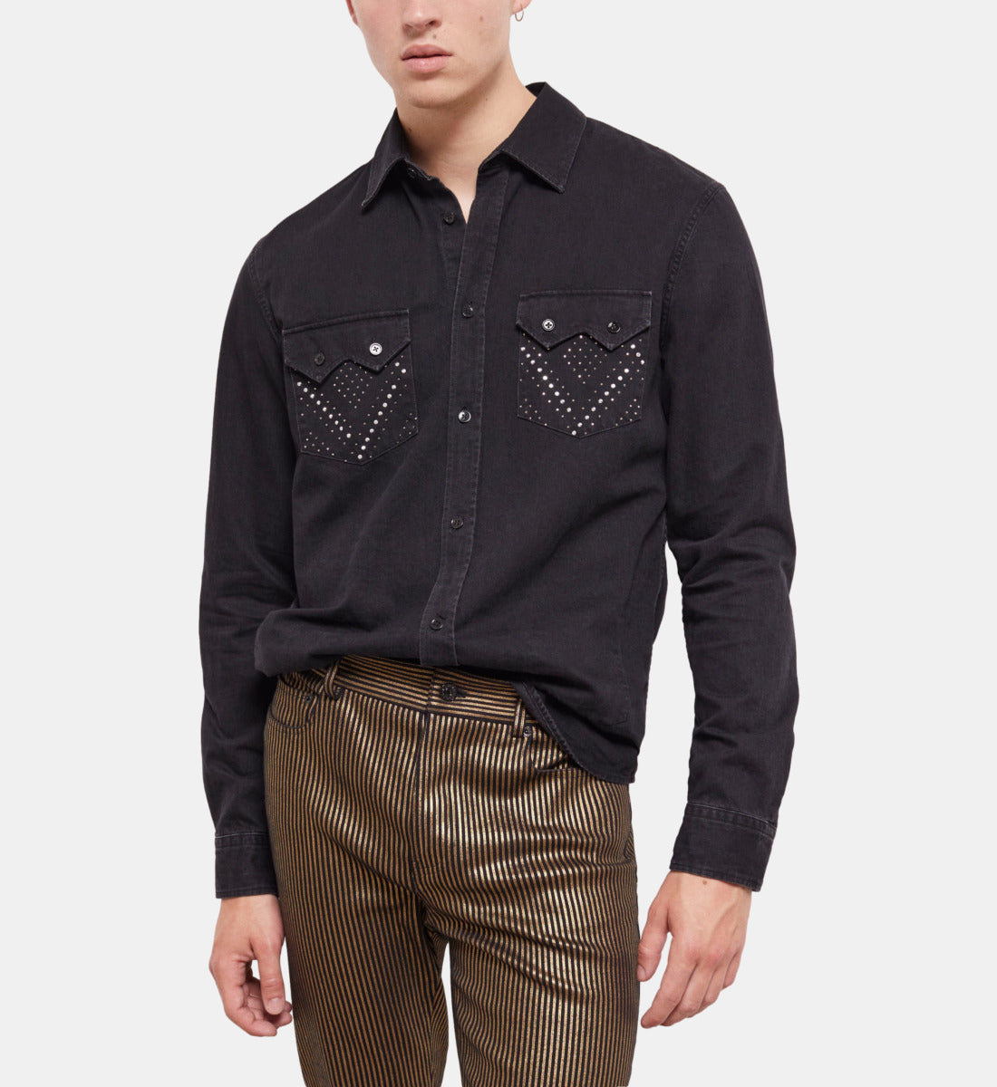 Studded Shirt With Classic Collar | Men | Black Washed