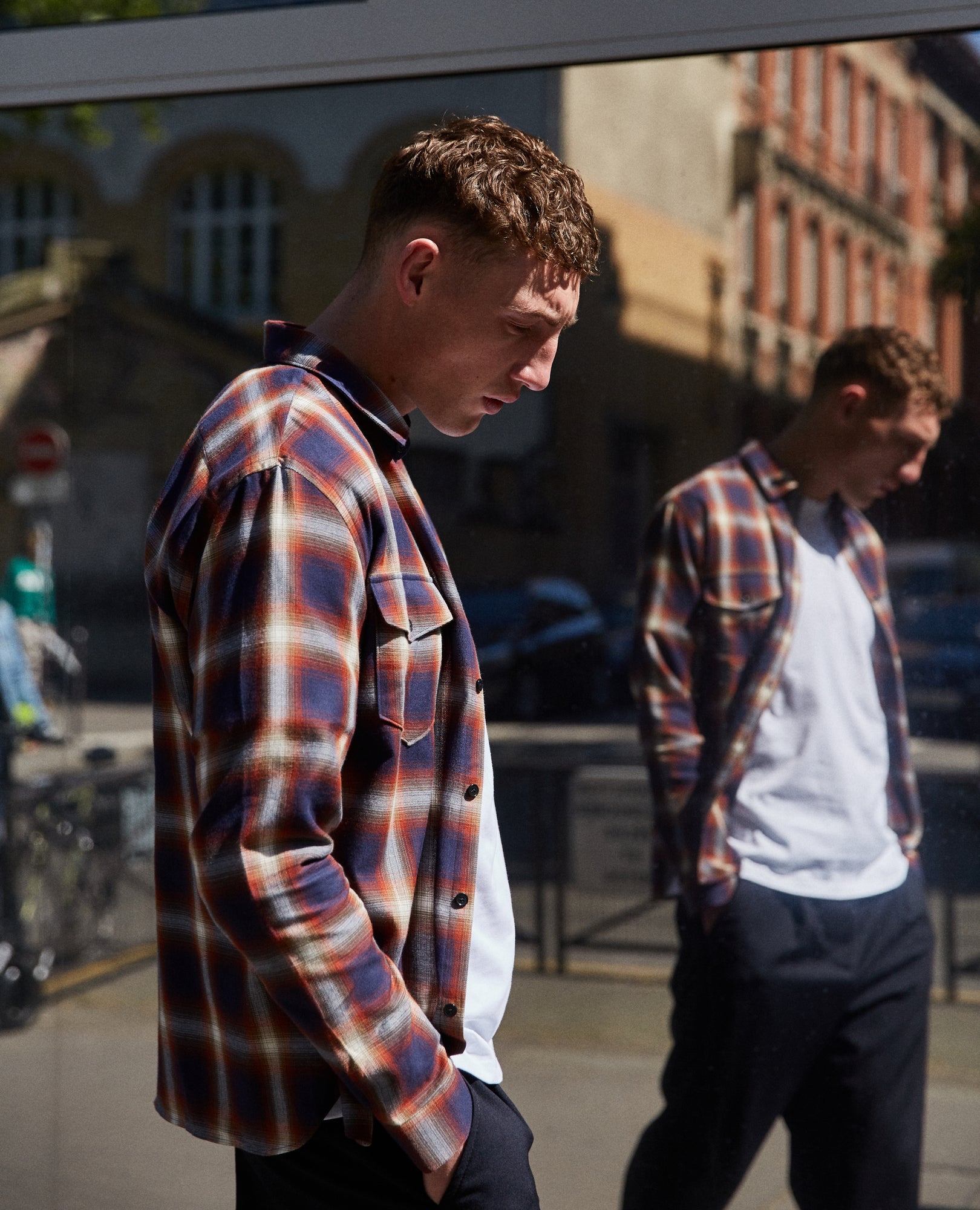 Blue And Check Cotton Shirt | Men | Black x Red x Yellow