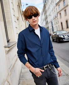 Patterned, Blue Officer-Collar Shirt | Men | Dark Navy x Navy