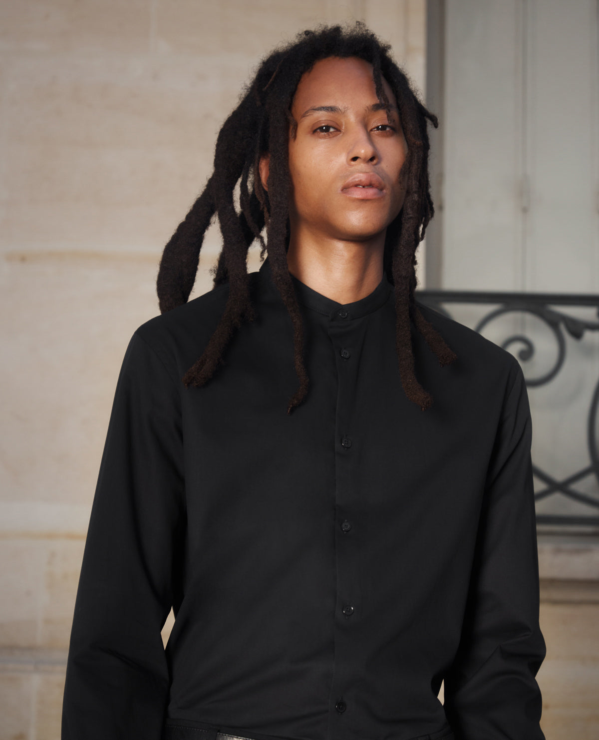 Collarless Cotton Shirt | Men | Black