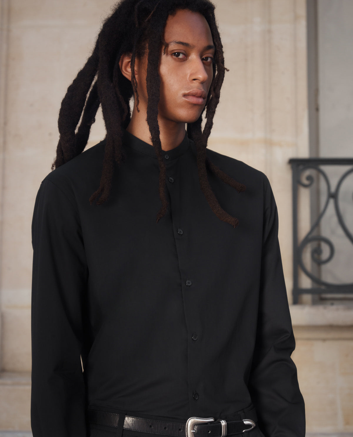 Collarless Cotton Shirt | Men | Black