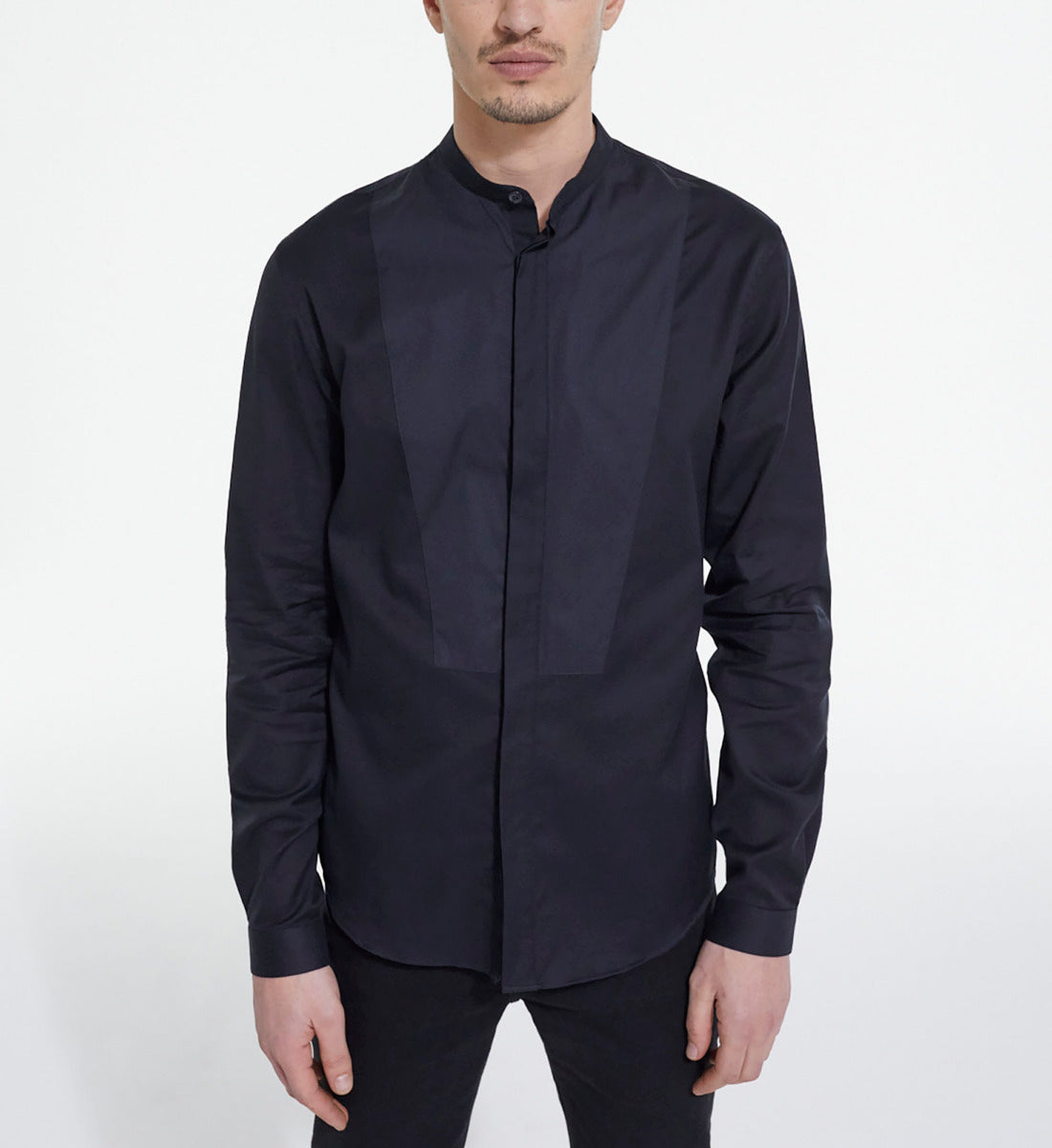 Cotton Shirt With Officer Collar | Men | Black