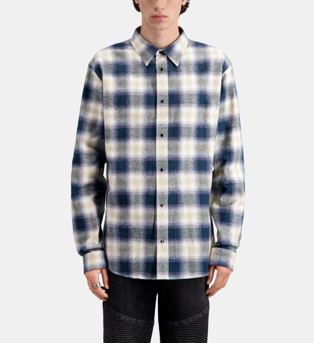 Blue And Checkered Overshirt | Men | Green x Navy x White