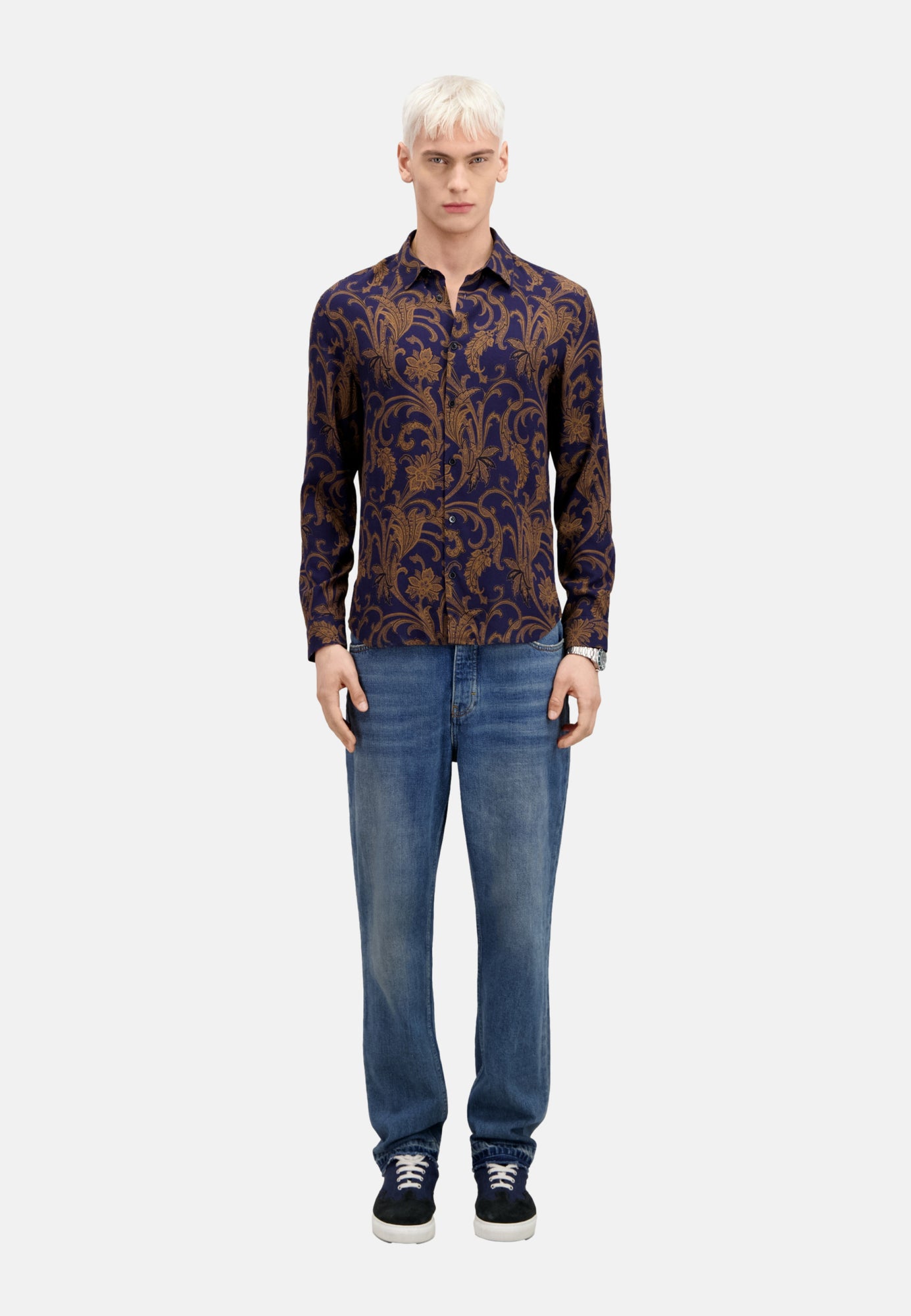 Printed Long Sleeve Shirt | Men | Navy x Brown