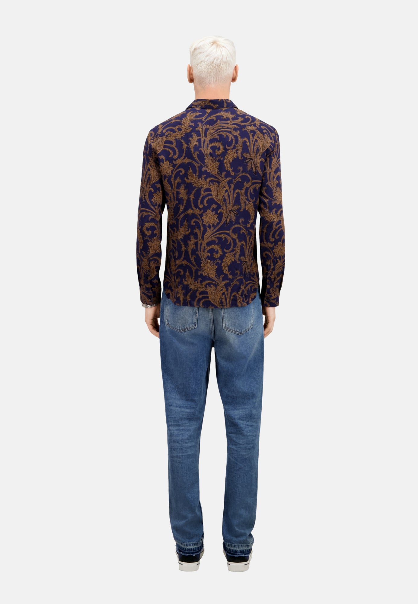 Printed Long Sleeve Shirt | Men | Navy x Brown