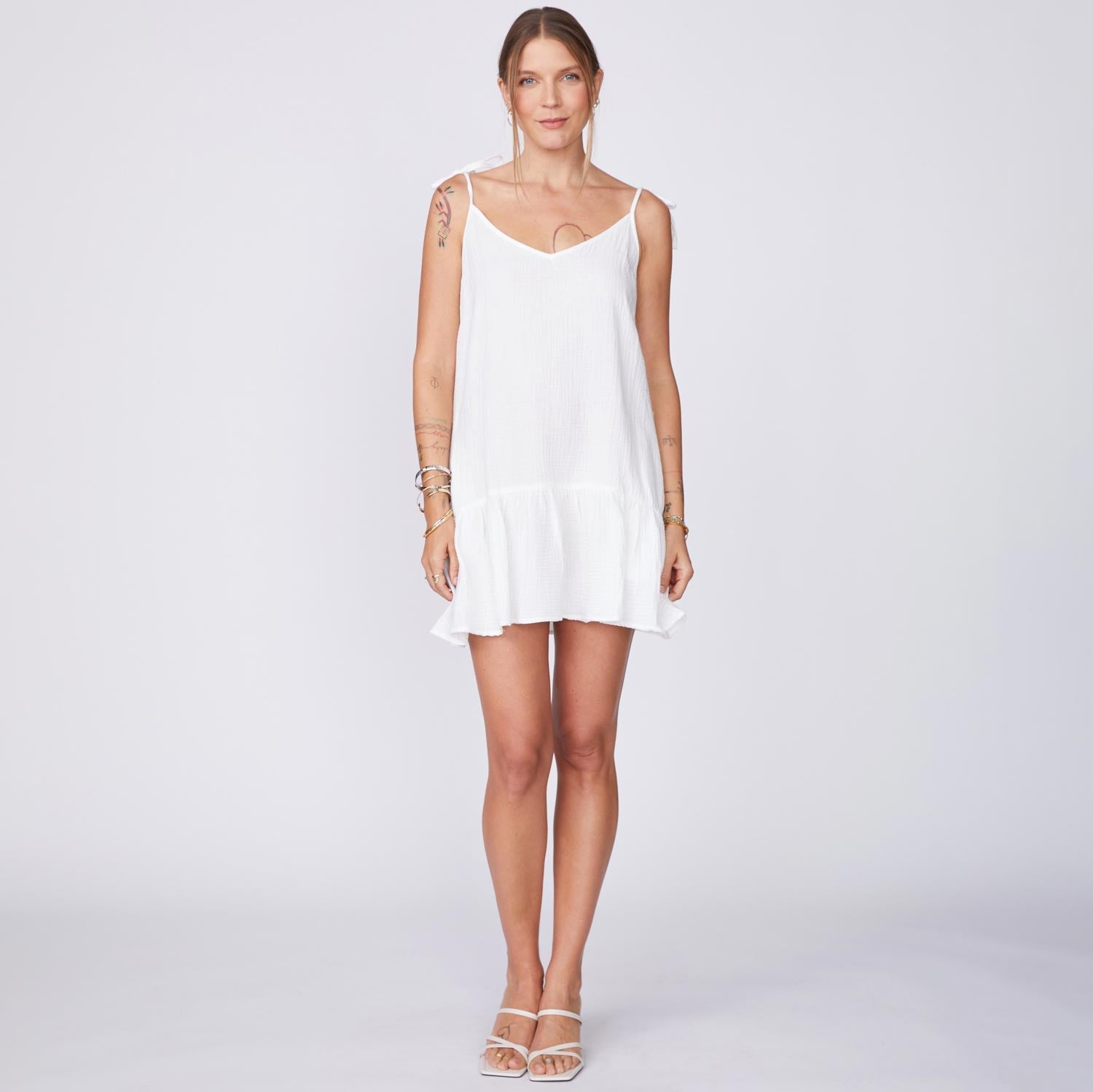 Front View of Model wearing the Gauze Sleeveless Easy Dress in White