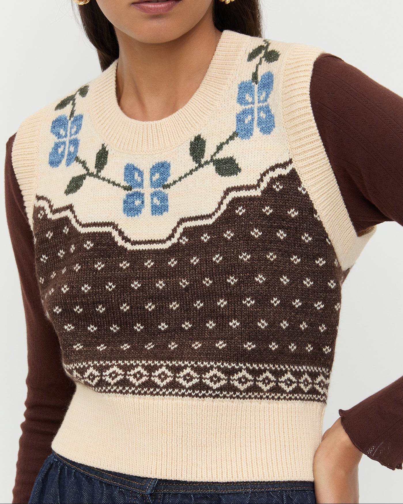 Heather Sweater Vest in Brown and Cream Floral wool, Lolo Pointelle Long Sleeve in brown espresso, and Ruthie Denim Skirt in dark blue.
