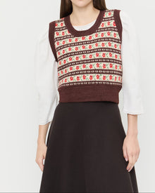 Heather Sweater Vest in brown and red intarsia floral, Felicity Blouse in cream cotton, and Tansy Suede Skirt in brown suede.
