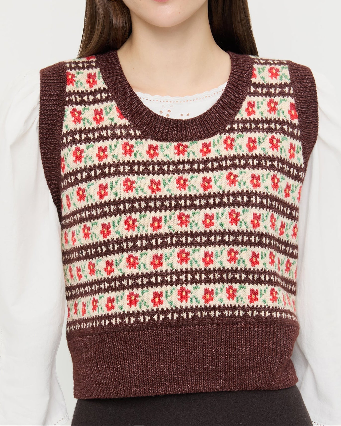 Heather Sweater Vest in brown and red intarsia floral, Felicity Blouse in cream cotton, and Tansy Suede Skirt in brown suede.