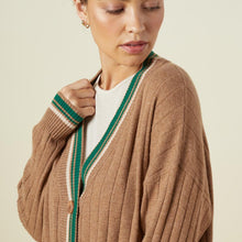 Close up view of model wearing the sweater rib oversized cardigan in camel.