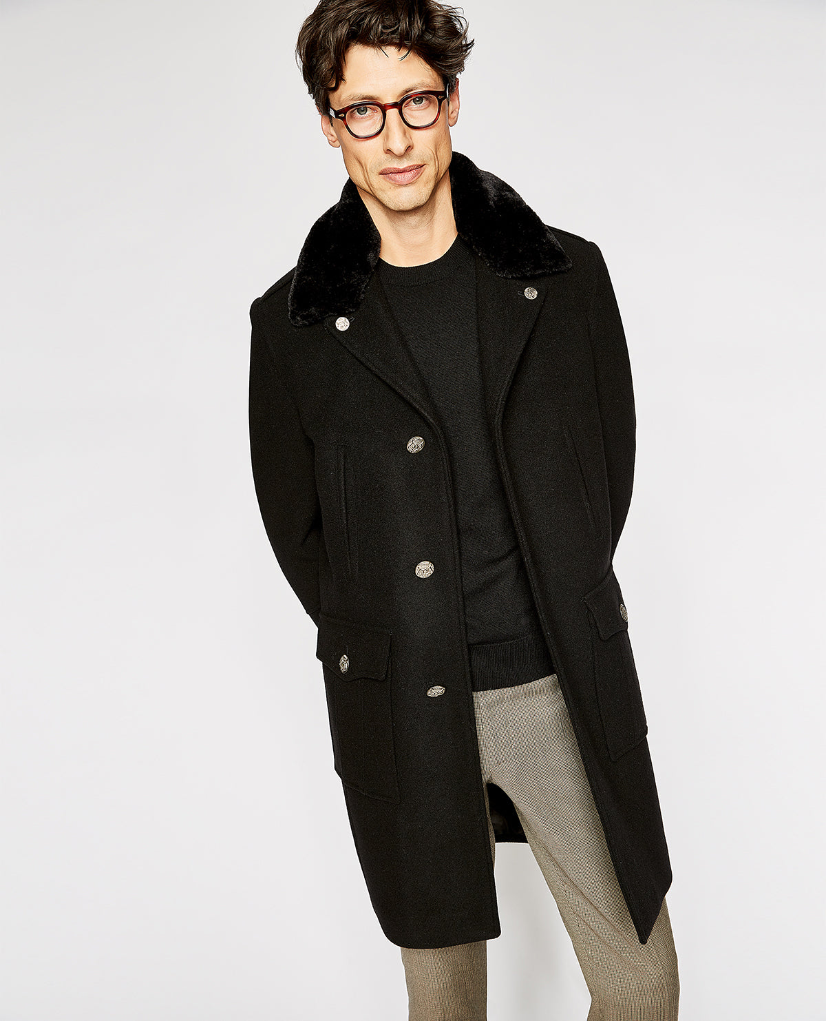 Straight Coat With Faux Fur Collar | Men | Black