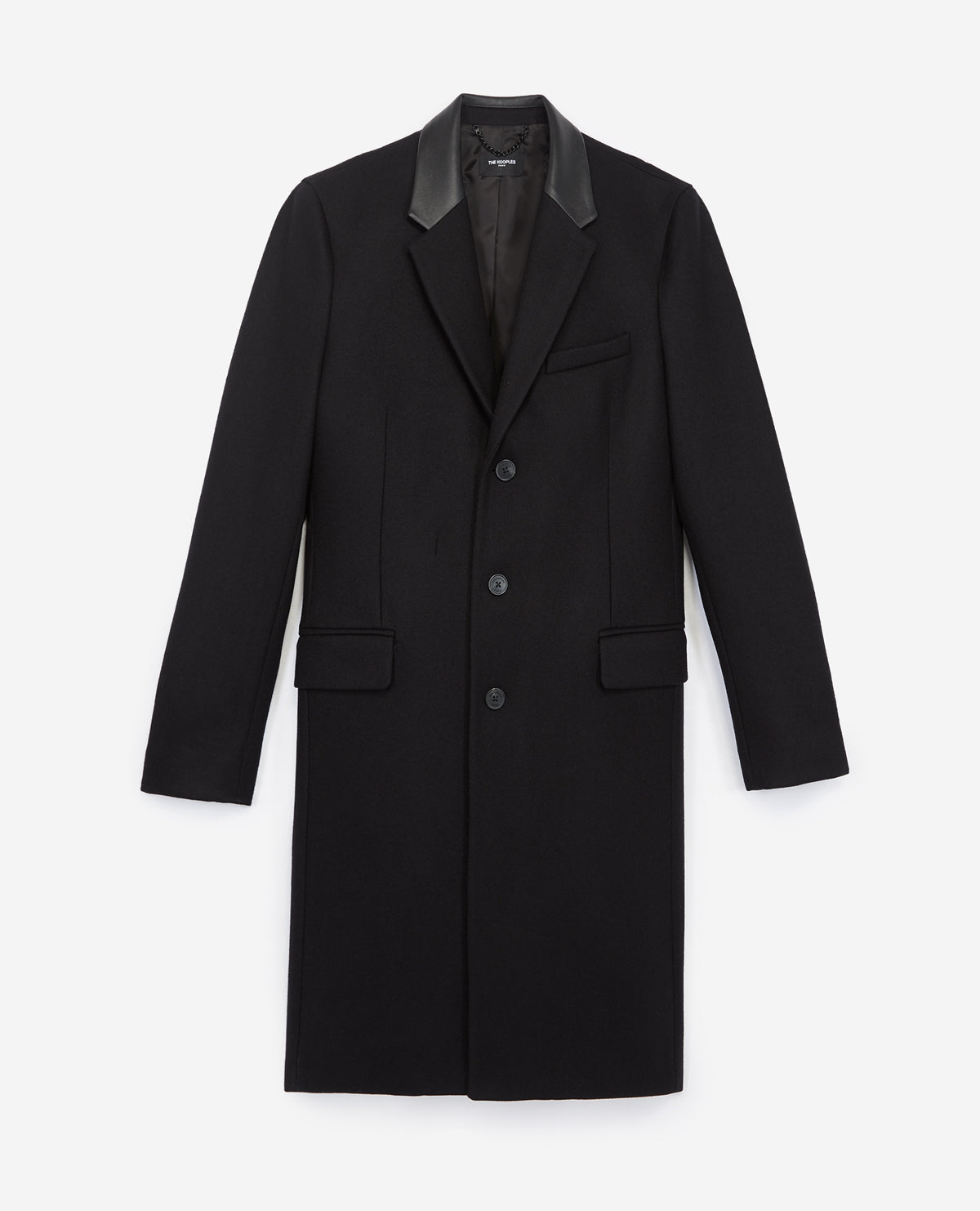 Long Wool Coat W/Leather Lapel Collar | Men | Black