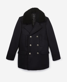 Leather Collar Midnight Blue Wool Pea Coat | Men | Navy